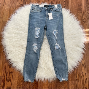 Judy Blue high rise skinny fit blue‎ gingham patch jeans 9 29 NWT